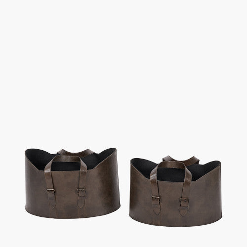 Alessio Set of 2 Peppercorn Leather Handled Storage Baskets – Stylish Home Storage Solutions