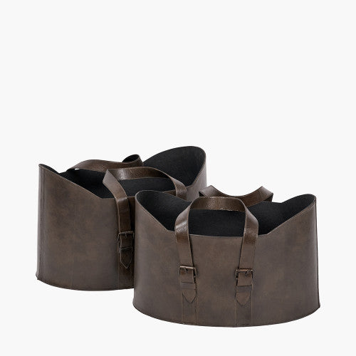 Alessio Set of 2 Peppercorn Leather Handled Storage Baskets – Stylish Home Storage Solutions