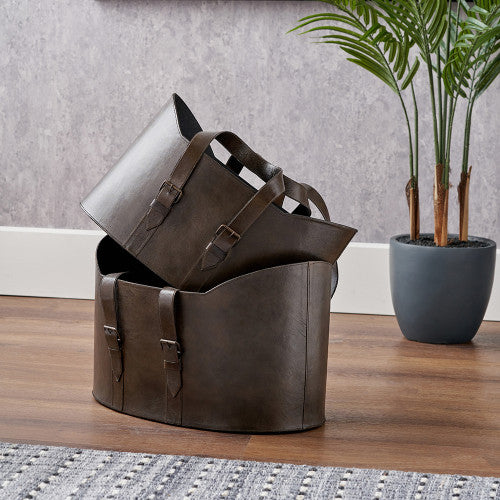 Alessio Set of 2 Peppercorn Leather Handled Storage Baskets – Stylish Home Storage Solutions