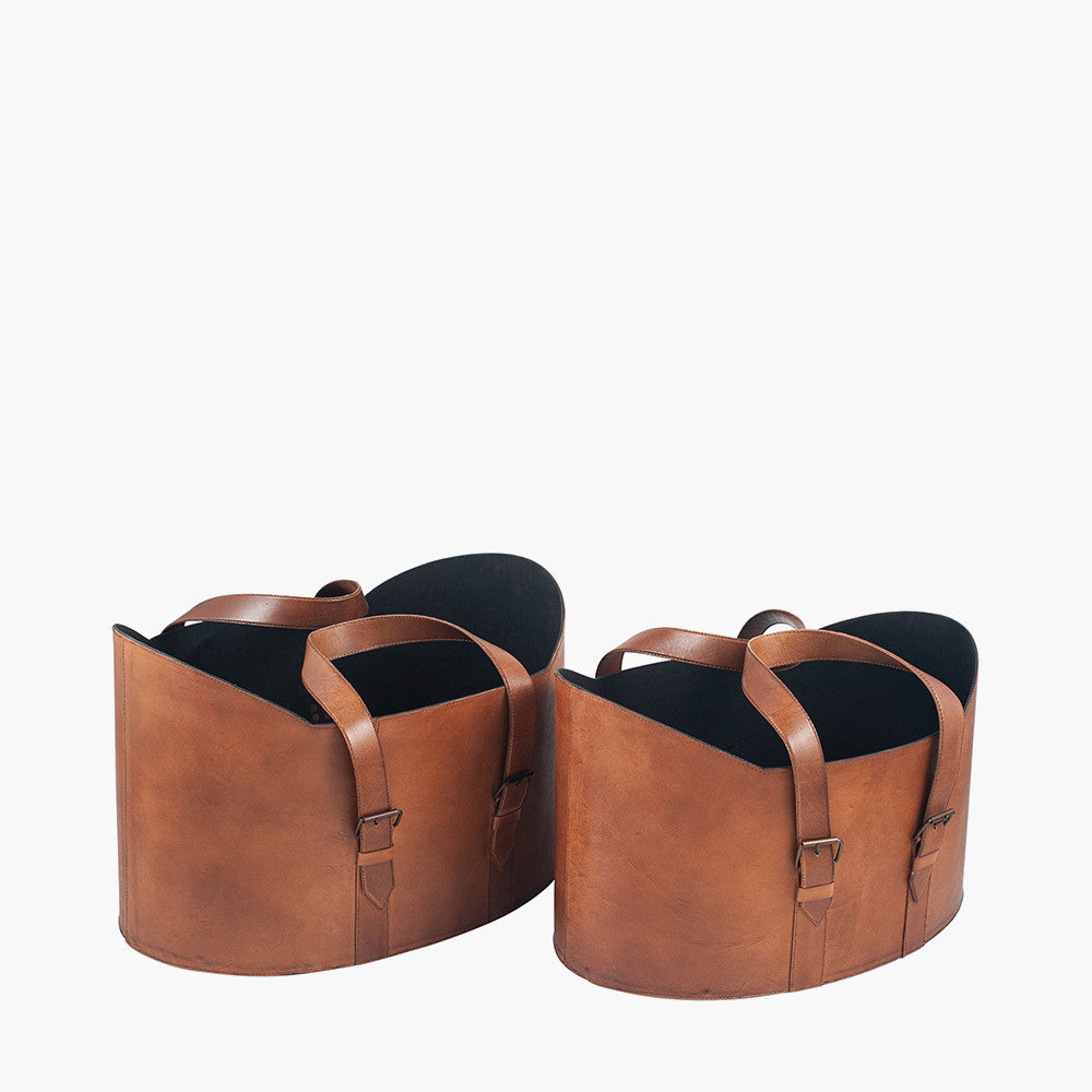 Alessio Set of 2 Vintage Brown Leather Handled Storage