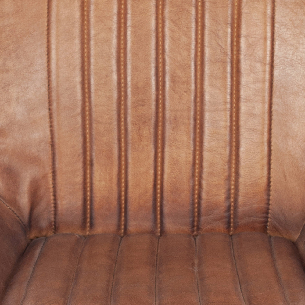 Upholstered in Vintage Brown Leather with ribbed back cushioning. Vintage style and modern functionality. A refined addition to any dining setting or living space. Available today at www.nobleandnook.co.uk