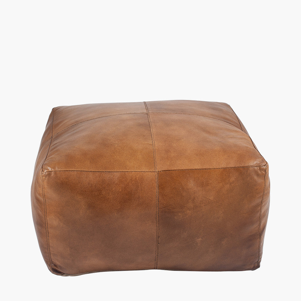 Matteo Natural Tan Leather Square Pouffe – Contemporary Leather Footstool & Occasional Seating