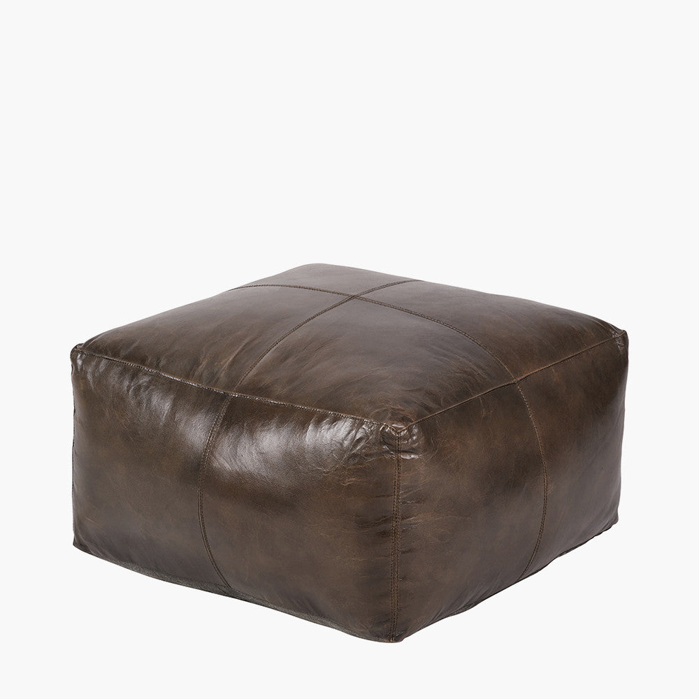 Matteo Peppercorn Leather Square Pouffe – Contemporary Leather Footstool & Occasional Seating