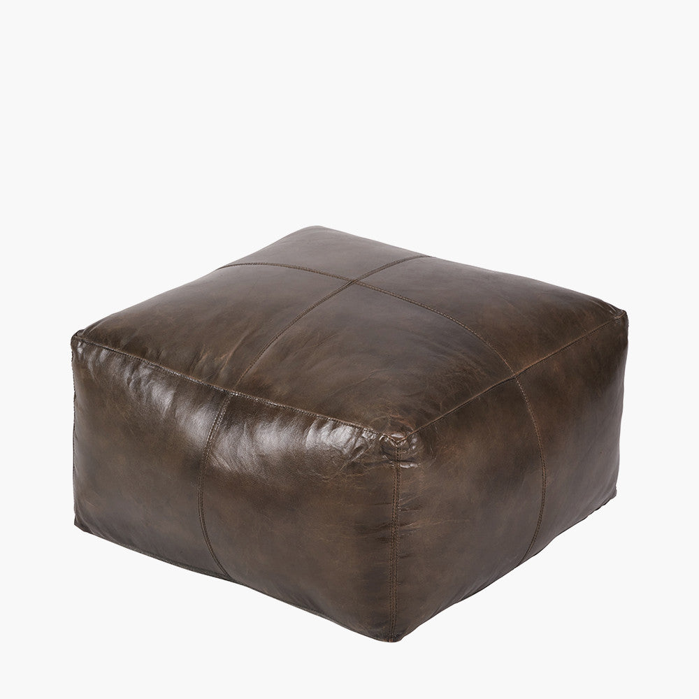 Matteo Peppercorn Leather Square Pouffe – Contemporary Leather Footstool & Occasional Seating