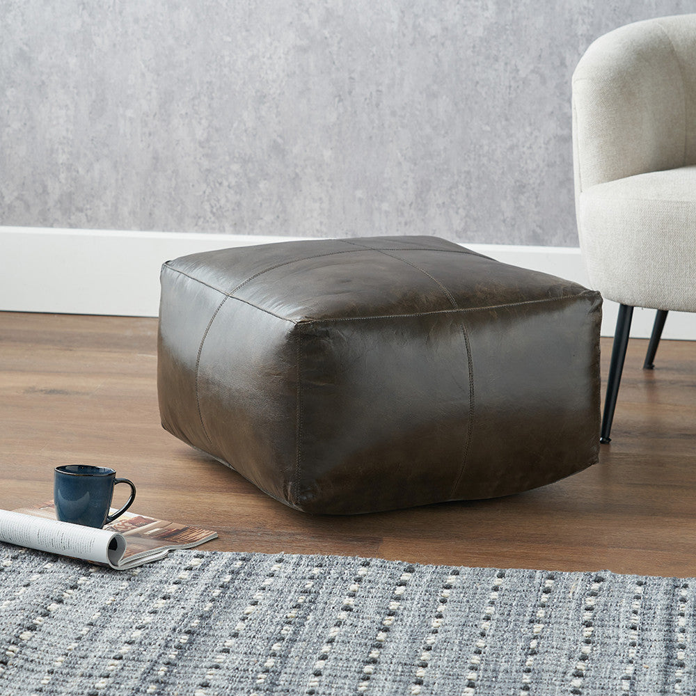 Matteo Peppercorn Leather Square Pouffe – Contemporary Leather Footstool & Occasional Seating