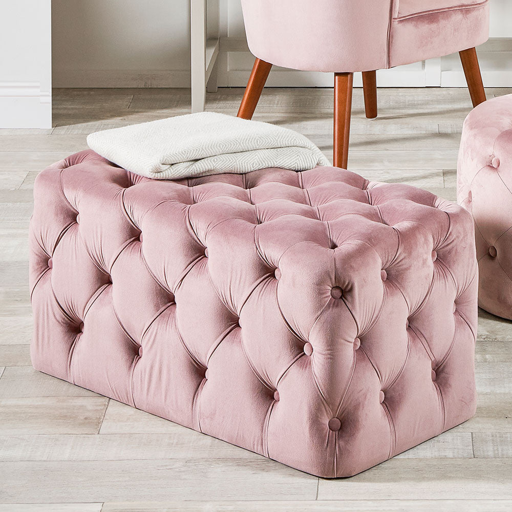 Seraphina Blush Pink Velvet Buttoned Rectangular Ottoman – Luxurious Velvet Footstool for Modern & Classic Homes