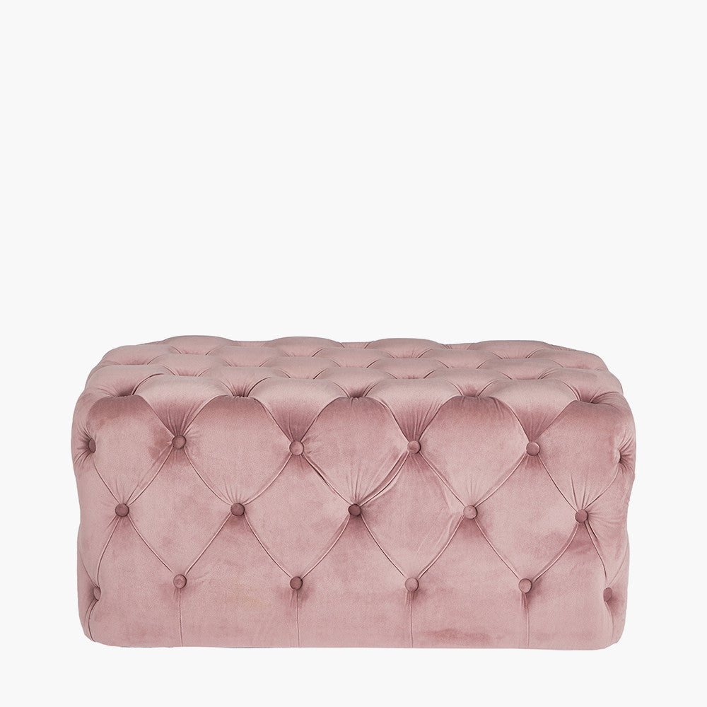 Seraphina Blush Pink Velvet Buttoned Rectangular Ottoman – Luxurious Velvet Footstool for Modern & Classic Homes