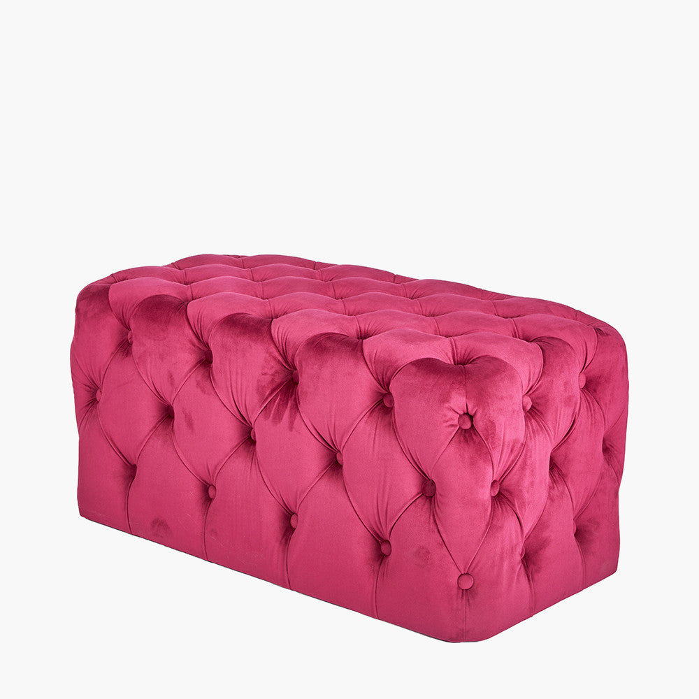 Seraphina Raspberry Velvet Buttoned Rectangular Ottoman – Luxurious Velvet Footstool for Elegant Living Spaces
