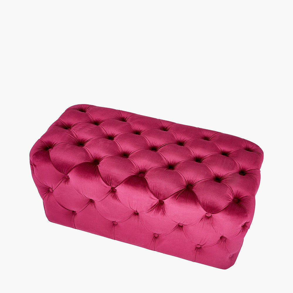 Seraphina Raspberry Velvet Buttoned Rectangular Ottoman – Luxurious Velvet Footstool for Elegant Living Spaces