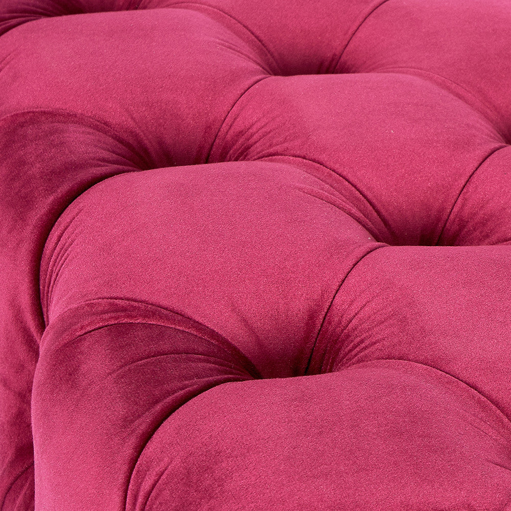 Seraphina Raspberry Velvet Buttoned Rectangular Ottoman – Luxurious Velvet Footstool for Elegant Living Spaces