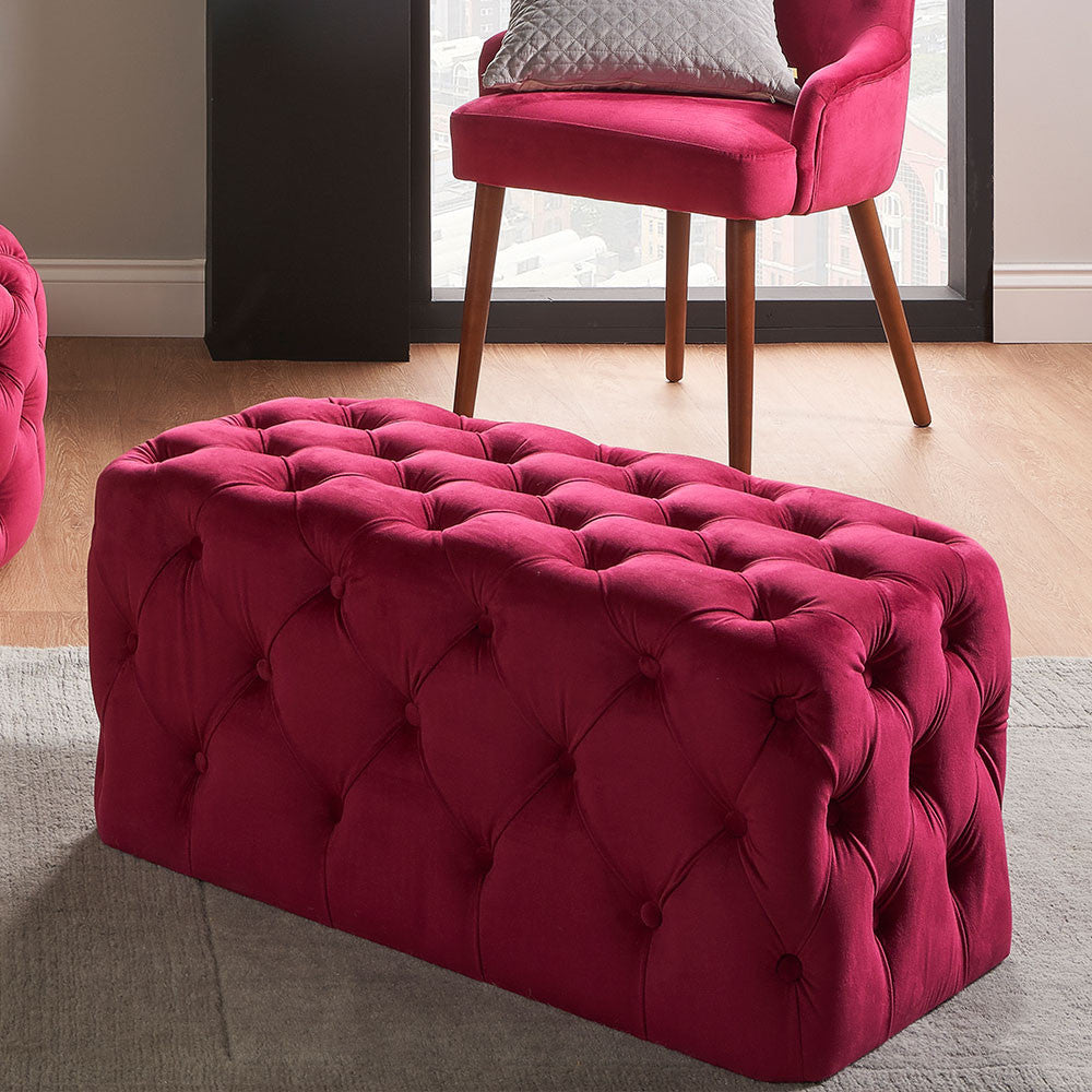 Seraphina Raspberry Velvet Buttoned Rectangular Ottoman – Luxurious Velvet Footstool for Elegant Living Spaces