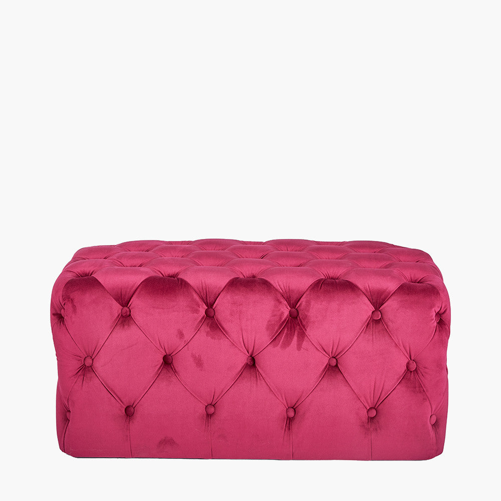 Seraphina Raspberry Velvet Buttoned Rectangular Ottoman – Luxurious Velvet Footstool for Elegant Living Spaces