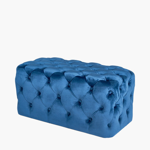 Seraphina Sapphire Blue Velvet Buttoned Rectangular Ottoman – Elegant Velvet Footstool for Modern & Classic Homes