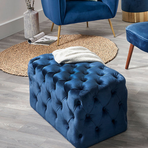 Seraphina Sapphire Blue Velvet Buttoned Rectangular Ottoman – Elegant Velvet Footstool for Modern & Classic Homes