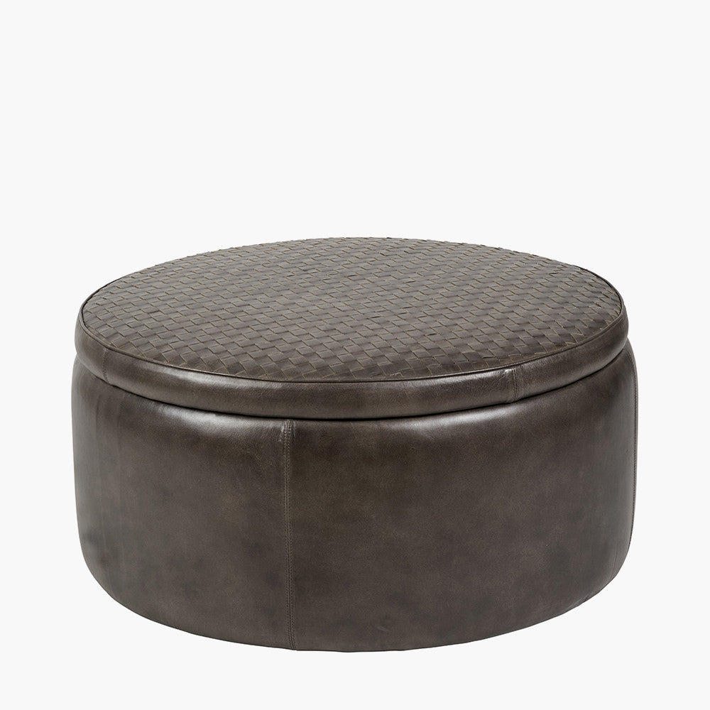 Arturo Peppercorn Leather Storage Pouffe – Handcrafted Leather Ottoman with Hidden Storage