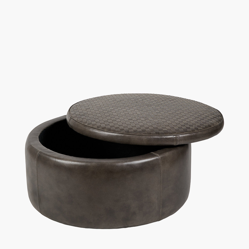 Arturo Peppercorn Leather Storage Pouffe – Handcrafted Leather Ottoman with Hidden Storage