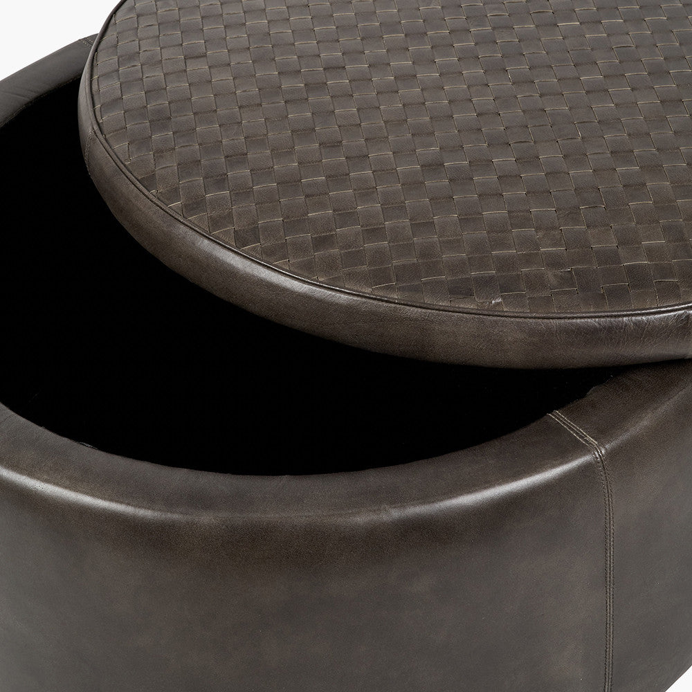 Arturo Peppercorn Leather Storage Pouffe – Handcrafted Leather Ottoman with Hidden Storage