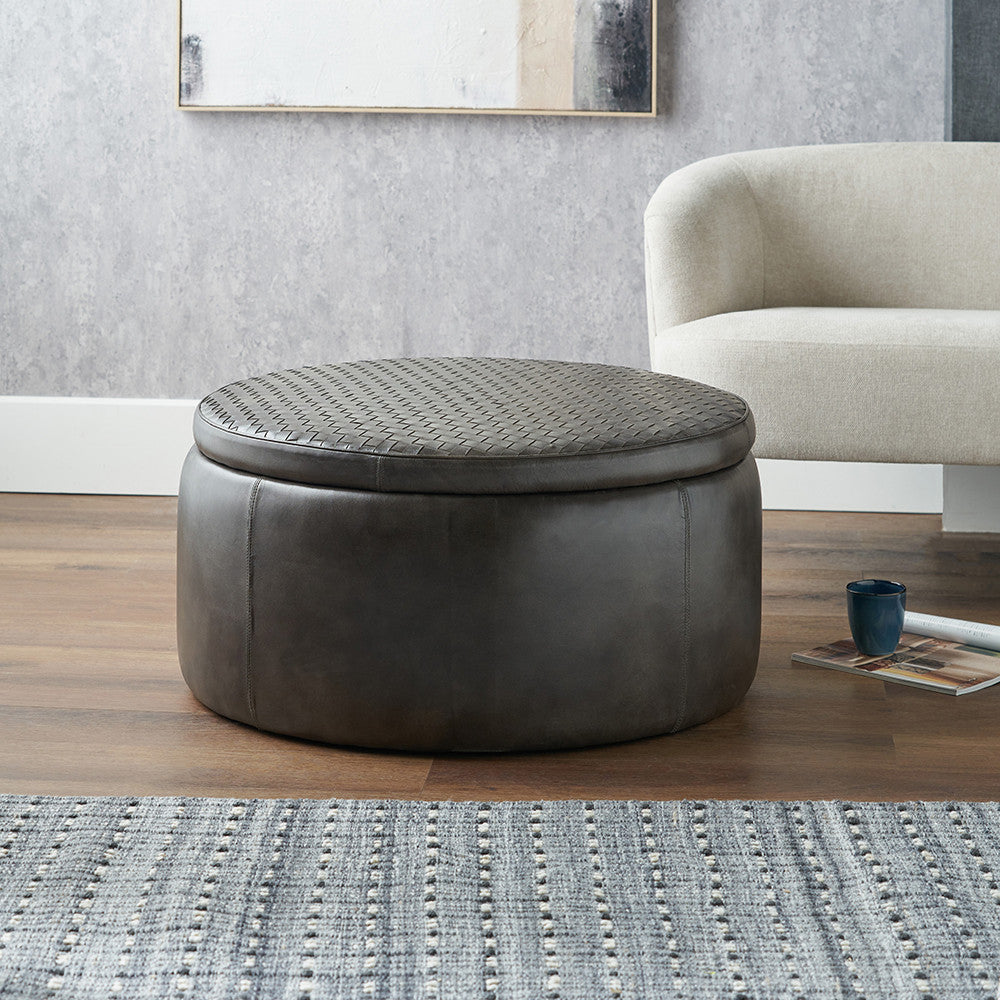 Arturo Peppercorn Leather Storage Pouffe – Handcrafted Leather Ottoman with Hidden Storage