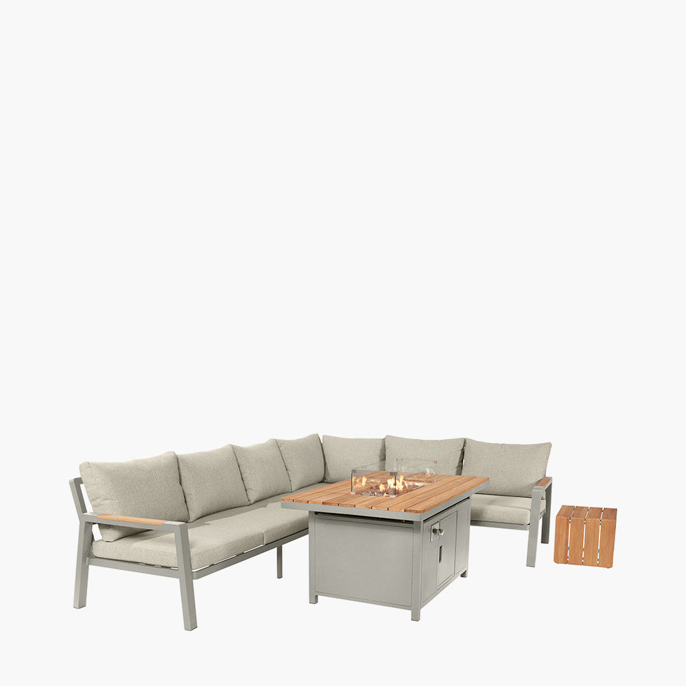 Enhance your outdoor living with the Stockholm Limestone Outdoor Corner Seating Set including Fire Pit Table, perfect for garden entertaining and relaxation. Shop today at www.nobleandnook.co.uk