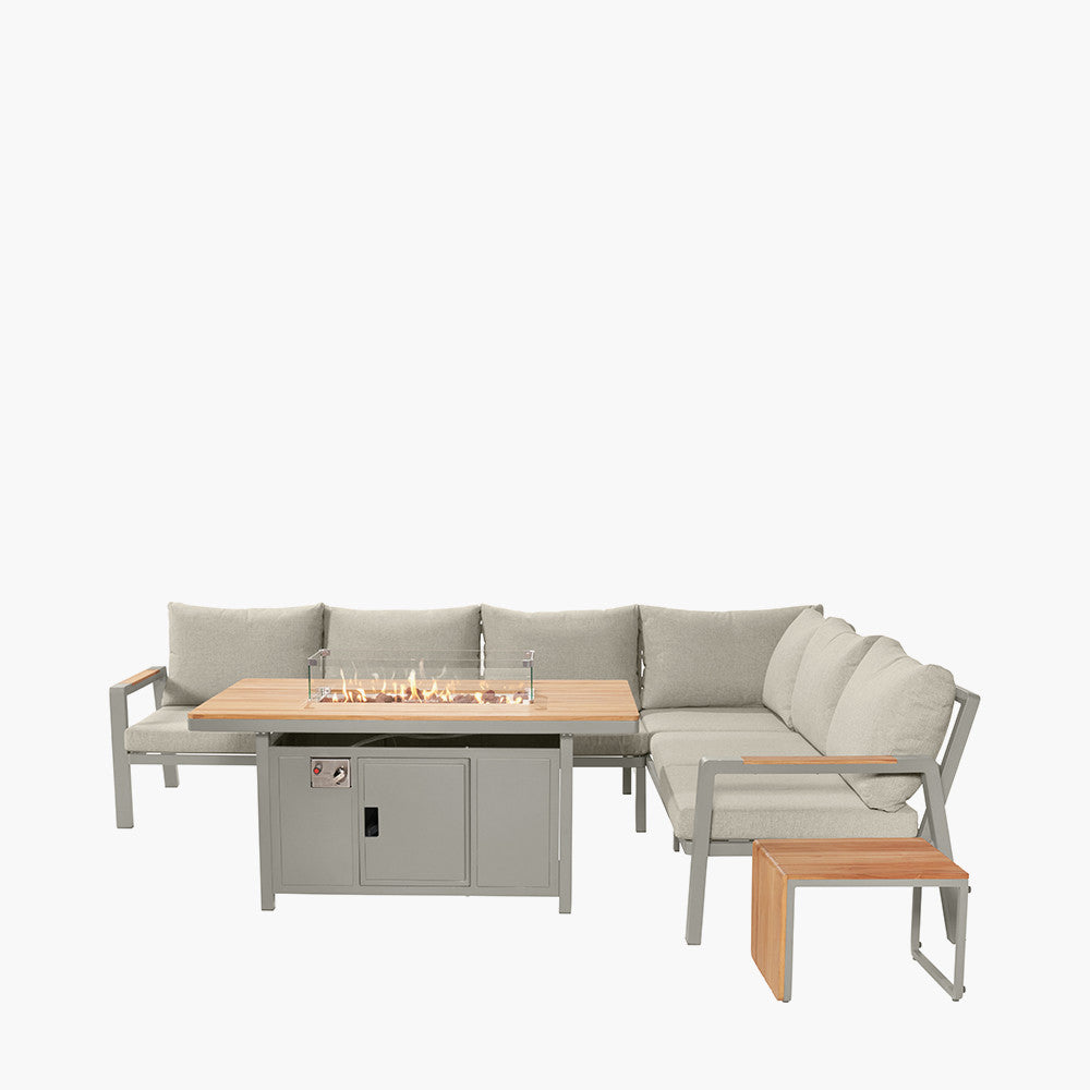 Enhance your outdoor living with the Stockholm Limestone Outdoor Corner Seating Set including Fire Pit Table, perfect for garden entertaining and relaxation. Shop today at www.nobleandnook.co.uk