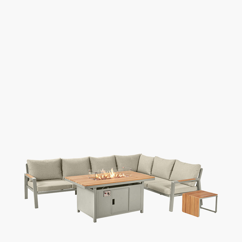 Enhance your outdoor living with the Stockholm Limestone Outdoor Corner Seating Set including Fire Pit Table, perfect for garden entertaining and relaxation. Shop today at www.nobleandnook.co.uk