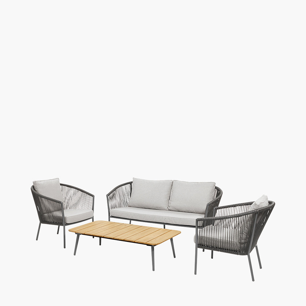 Shop this sophisticated set featuring a 2-seater sofa, two armchairs, and a spacious Acacia wood coffee table, all in a stylish Light Teak finish. Shop online today at www.nobleandnook.co.uk