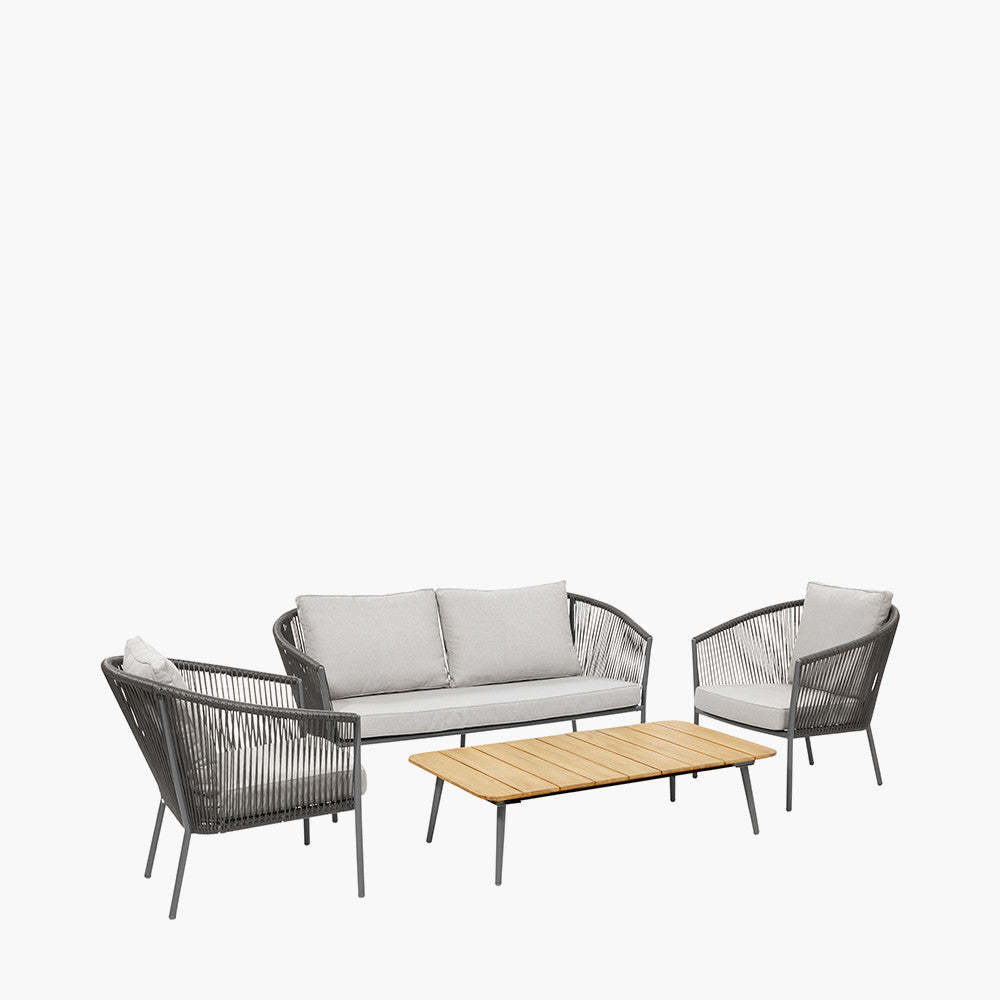 Shop this sophisticated set featuring a 2-seater sofa, two armchairs, and a spacious Acacia wood coffee table, all in a stylish Light Teak finish. Shop online today at www.nobleandnook.co.uk