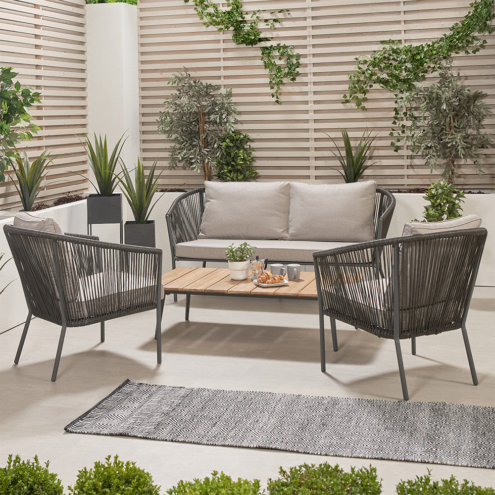 Shop this sophisticated set featuring a 2-seater sofa, two armchairs, and a spacious Acacia wood coffee table, all in a stylish Light Teak finish. Shop online today at www.nobleandnook.co.uk