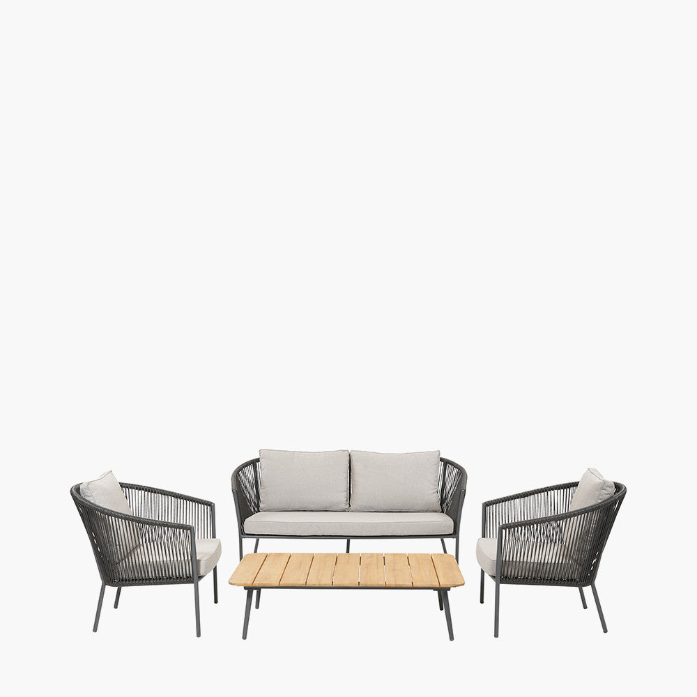 Shop this sophisticated set featuring a 2-seater sofa, two armchairs, and a spacious Acacia wood coffee table, all in a stylish Light Teak finish. Shop online today at www.nobleandnook.co.uk