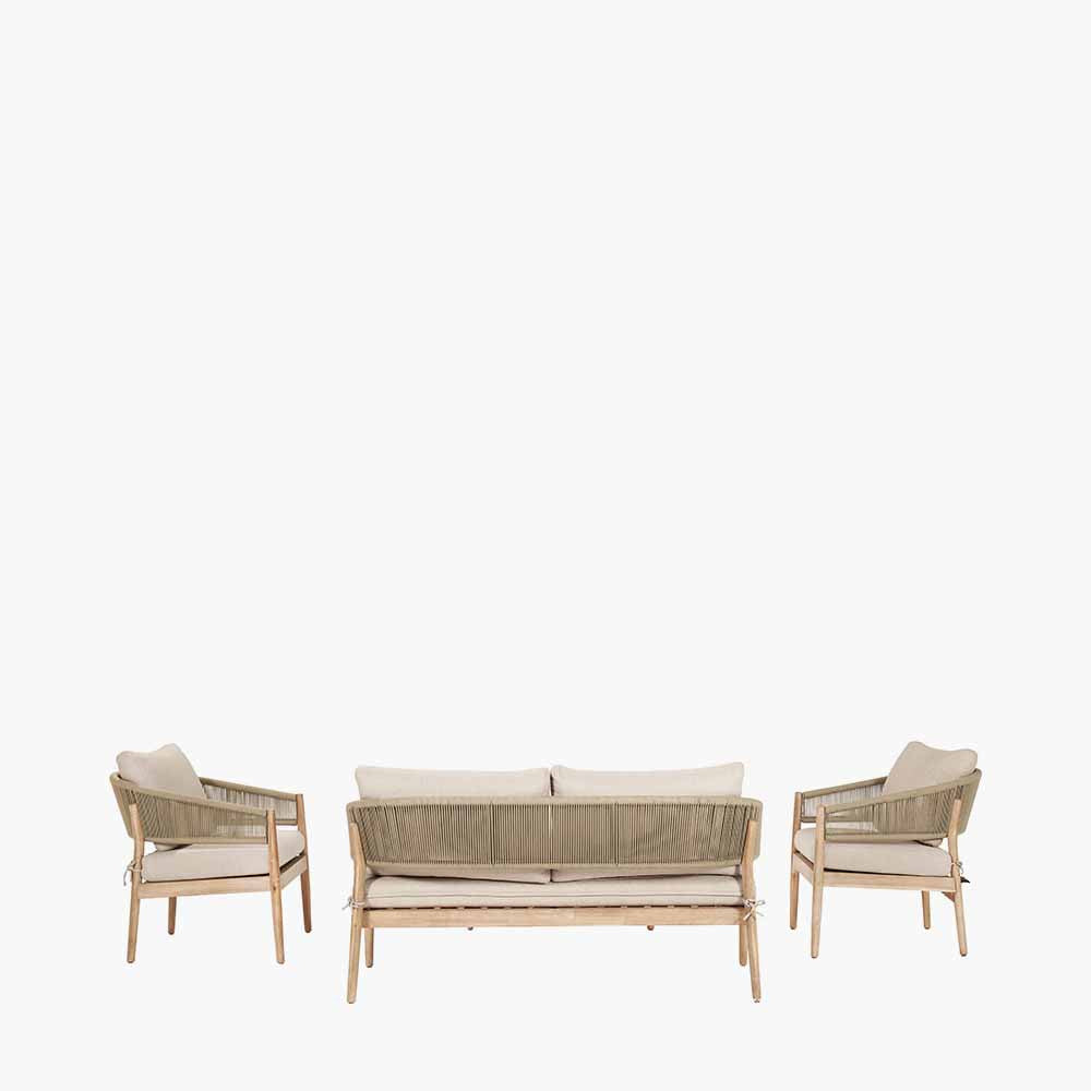 Shop the Denver Sage Green Outdoor Seating Set. Handcrafted from sustainable acacia wood, featuring a two seater sofa, 2 armchairs, and a coffee table with weather resistant twisted rope. 3 Year Structural Guarantee Included* Buy now at www.nobleandnook.co.uk