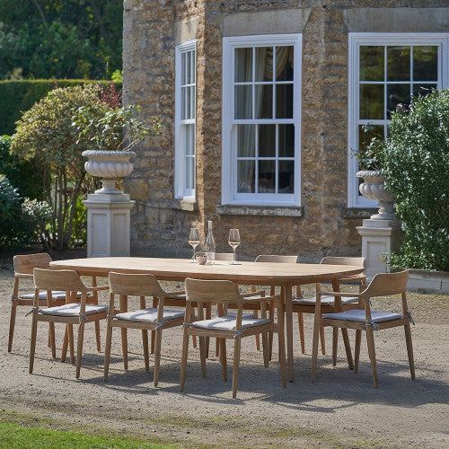 Experience timeless design and superior craftsmanship with the Salita 8 Seater Teak Outdoor Dining Set. Perfect for alfresco dining. Shop online today at www.nobleandnook.co.uk