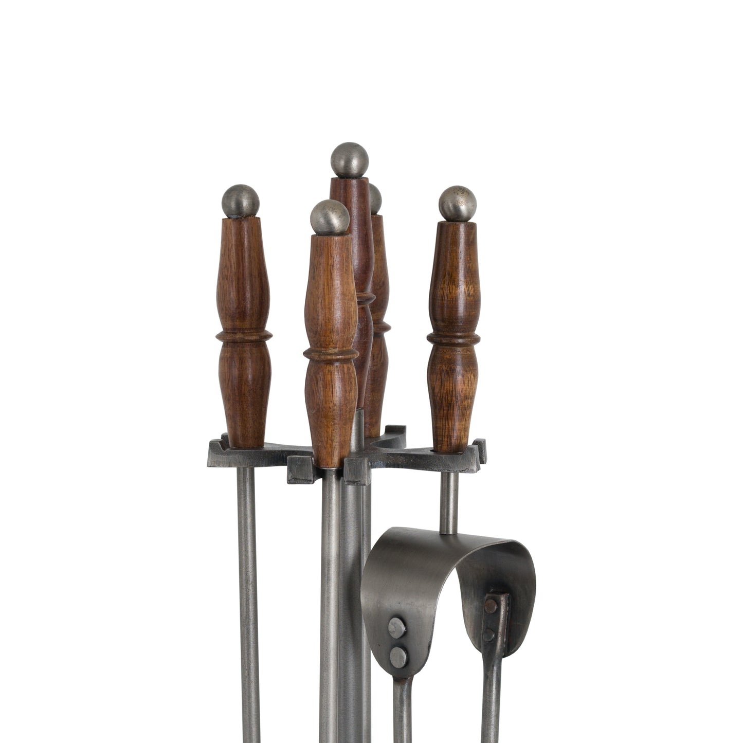 Hand Turned Fire Companion Set in Antique Pewter with Wooden Handles – Classic Handcrafted Fireside Tools