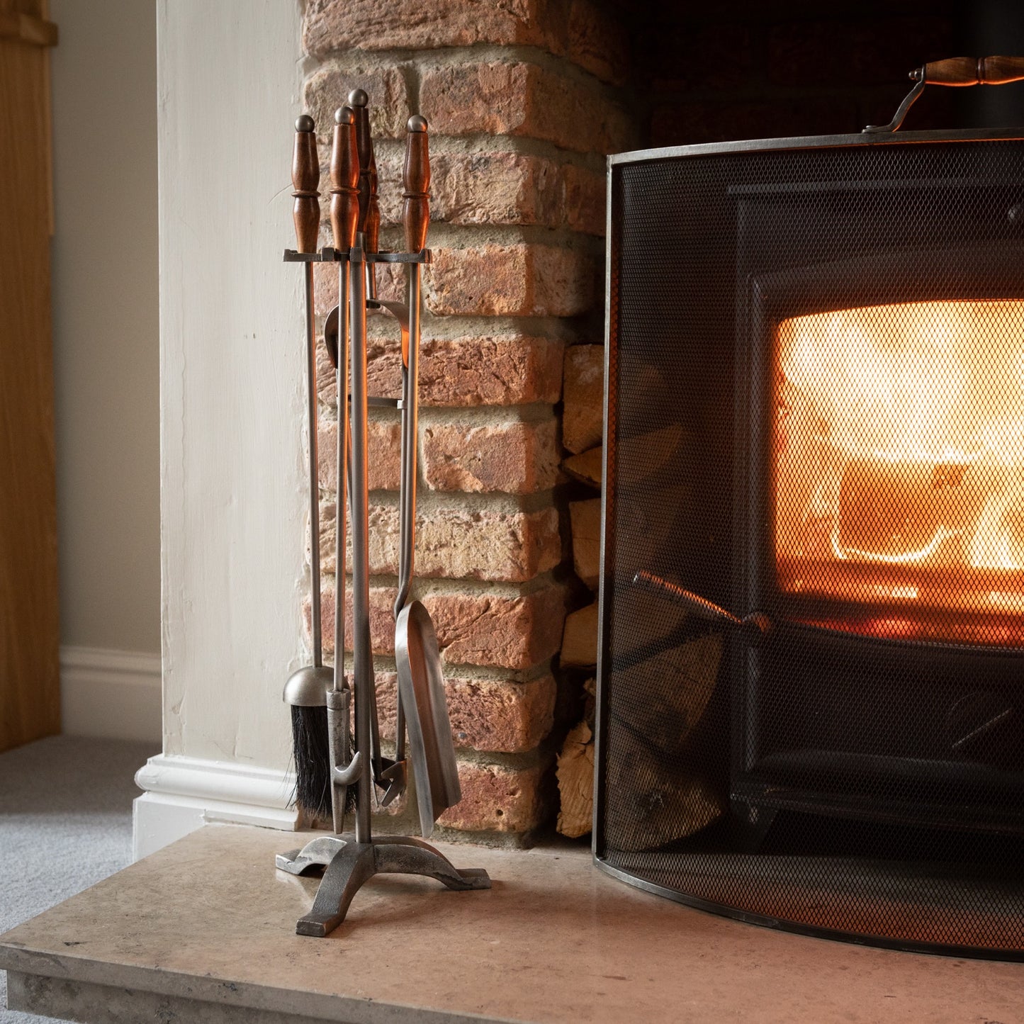 Hand Turned Fire Companion Set in Antique Pewter with Wooden Handles – Classic Handcrafted Fireside Tools