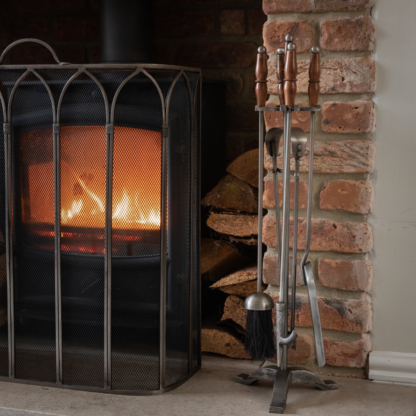 Hand Turned Fire Companion Set in Antique Pewter with Wooden Handles – Classic Handcrafted Fireside Tools