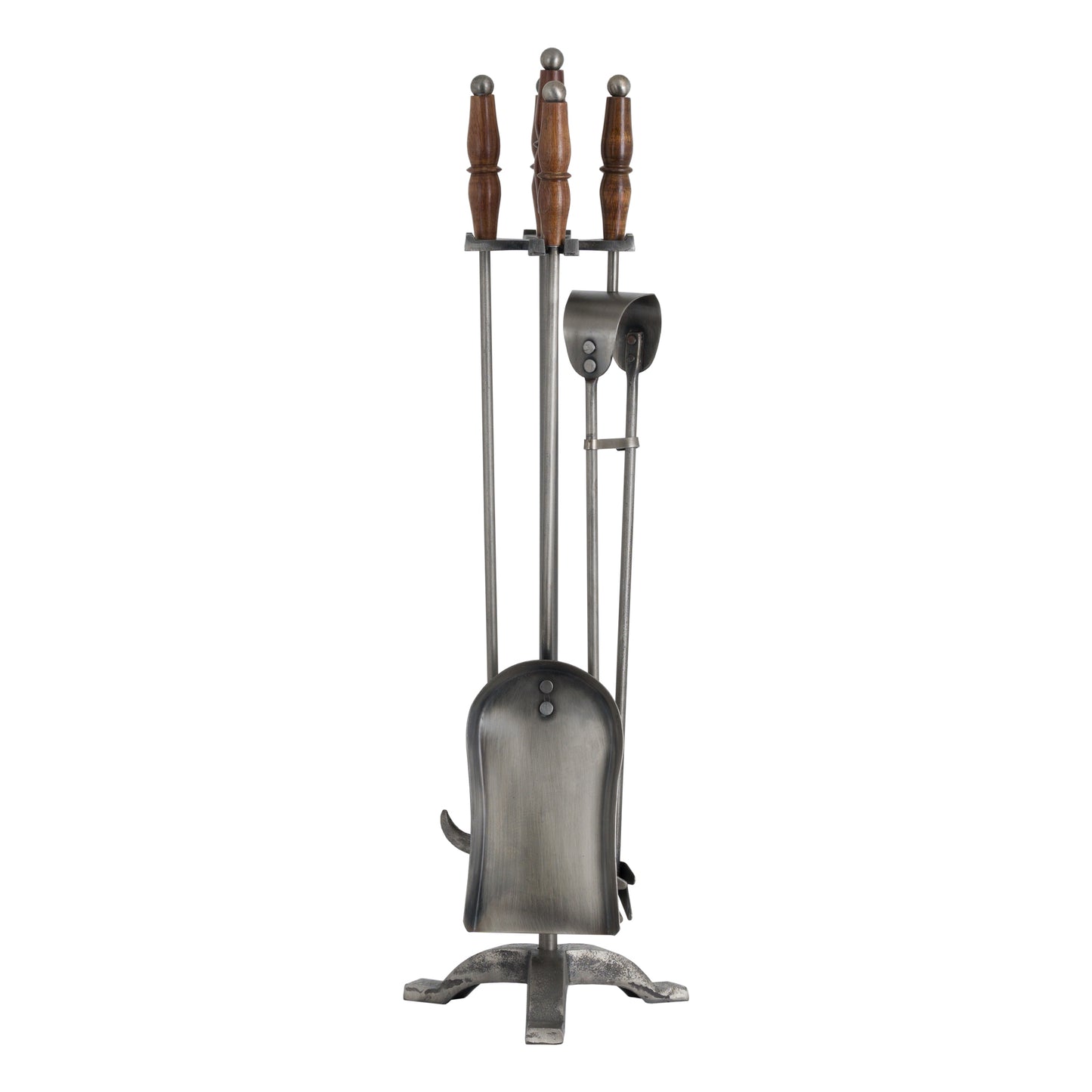 Hand Turned Fire Companion Set in Antique Pewter with Wooden Handles – Classic Handcrafted Fireside Tools