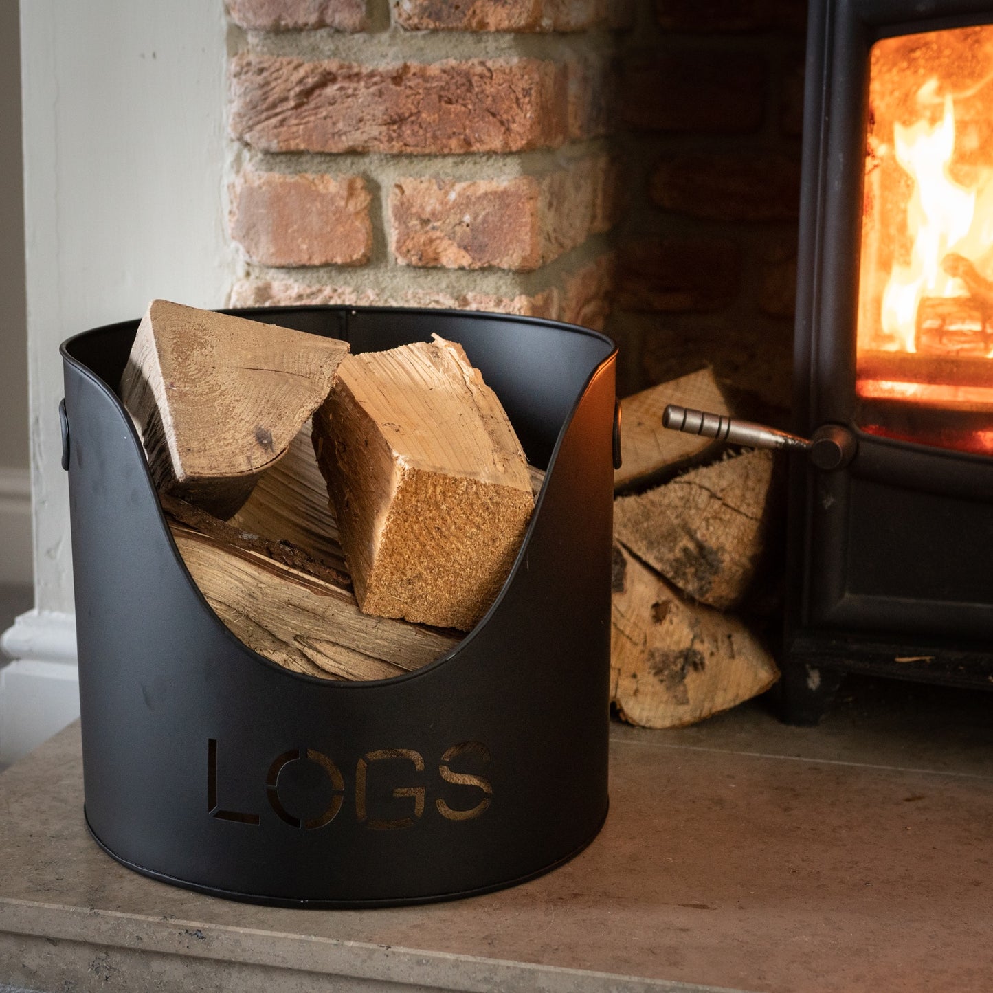 Black Finish Logs and Kindling Buckets with Matchstick Holder – Handcrafted Modern Fireside Set