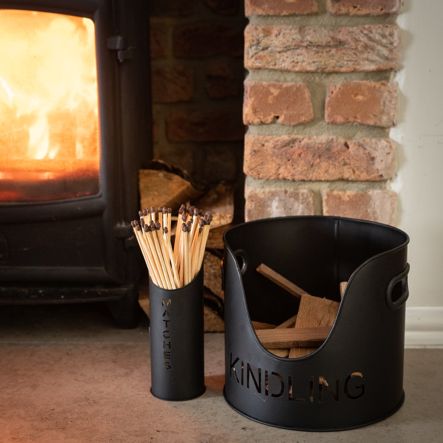 Black Finish Logs and Kindling Buckets with Matchstick Holder – Handcrafted Modern Fireside Set