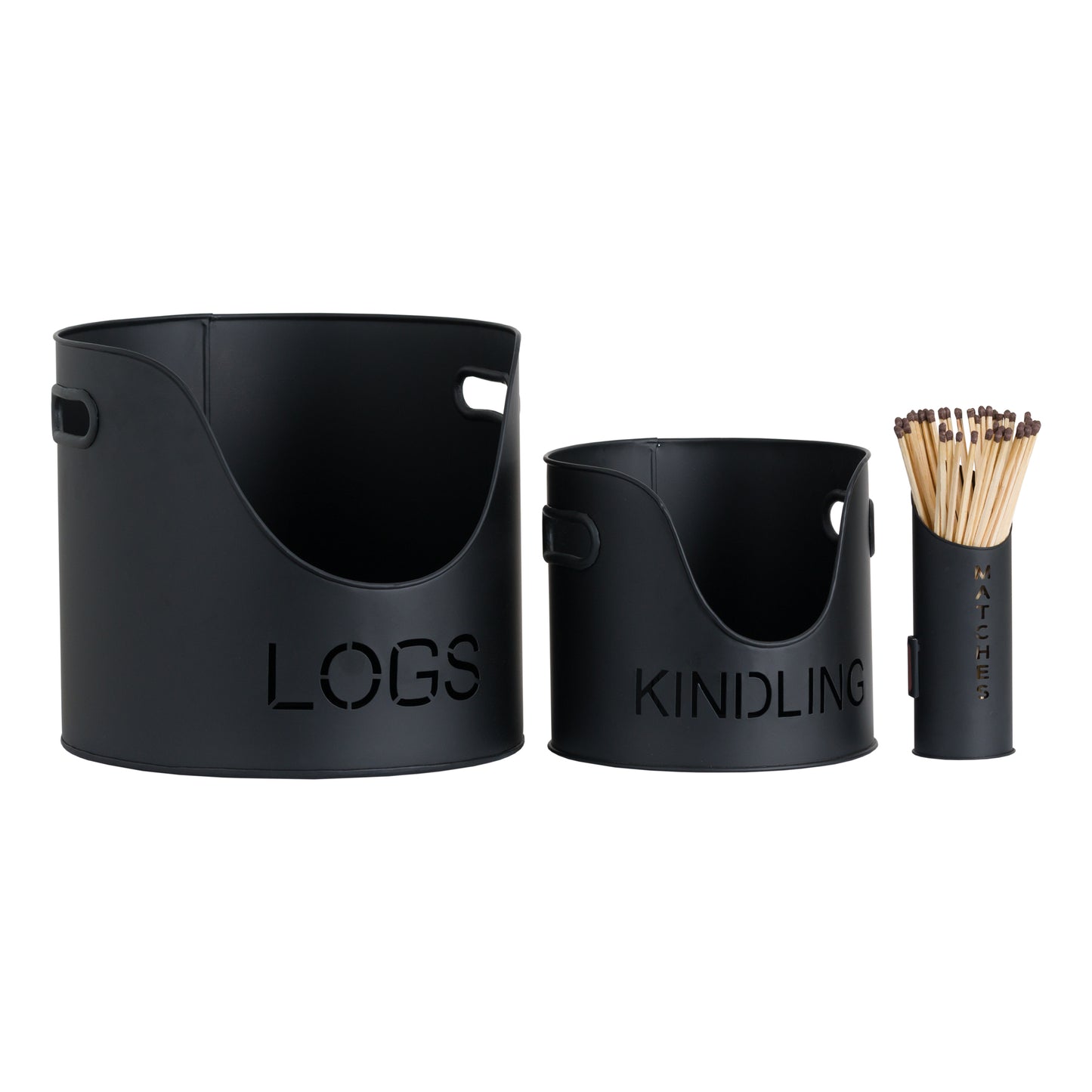 Black Finish Logs and Kindling Buckets with Matchstick Holder – Handcrafted Modern Fireside Set