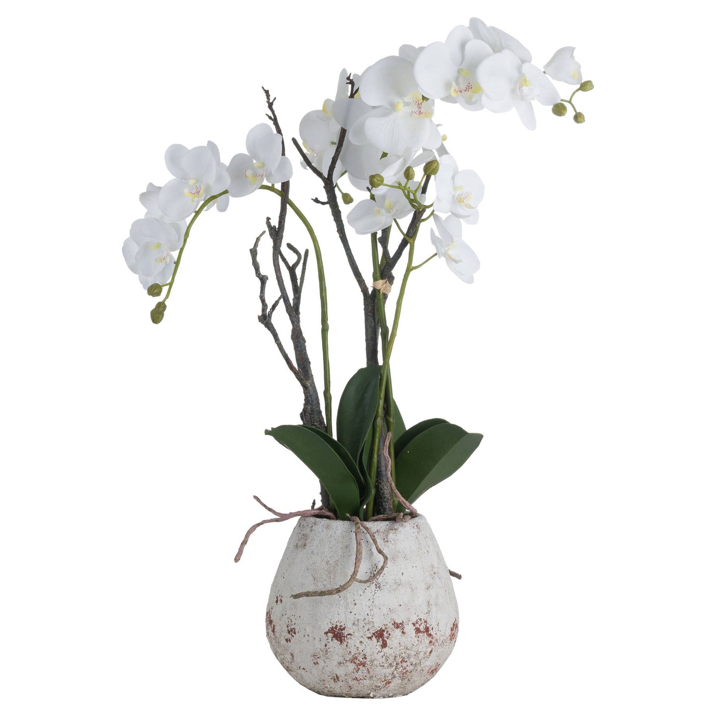 White Orchid in Stone Pot – Elegant Artificial Flower Arrangement