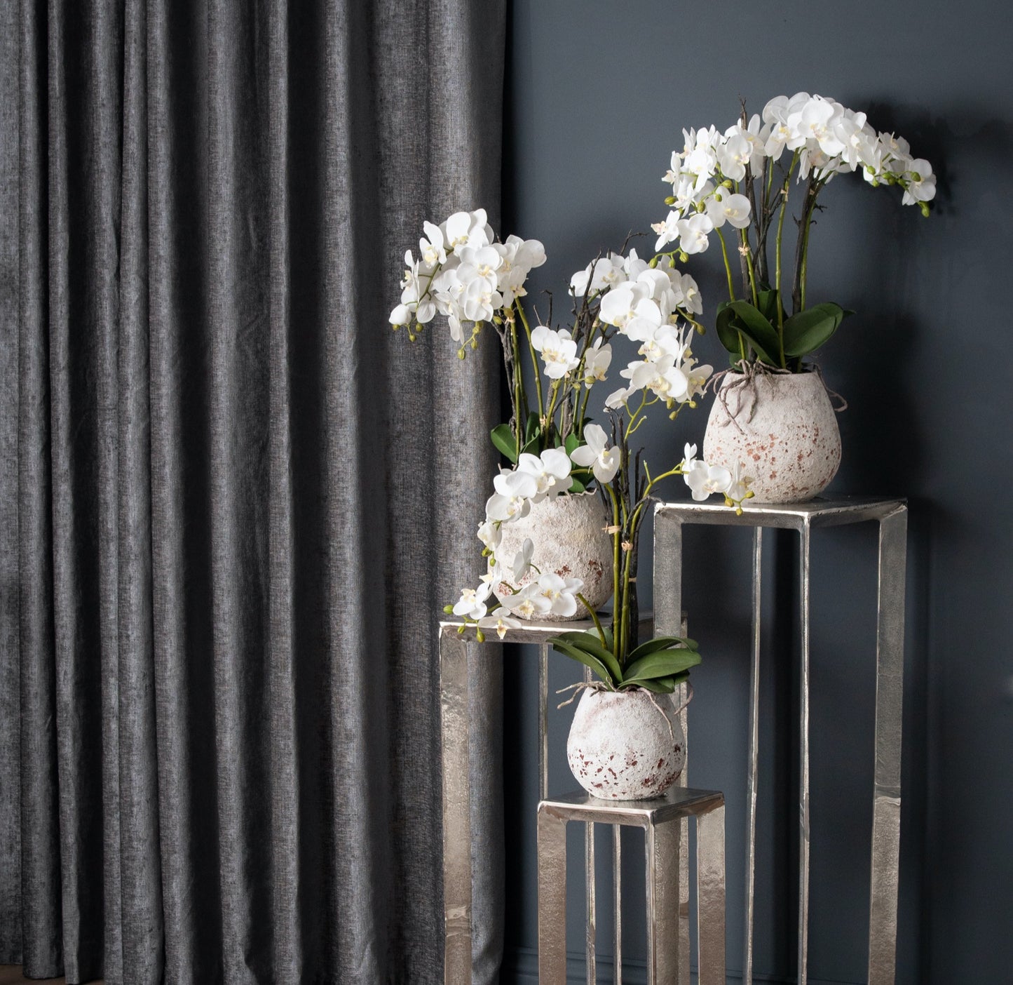 White Orchid in Stone Pot – Elegant Artificial Flower Arrangement