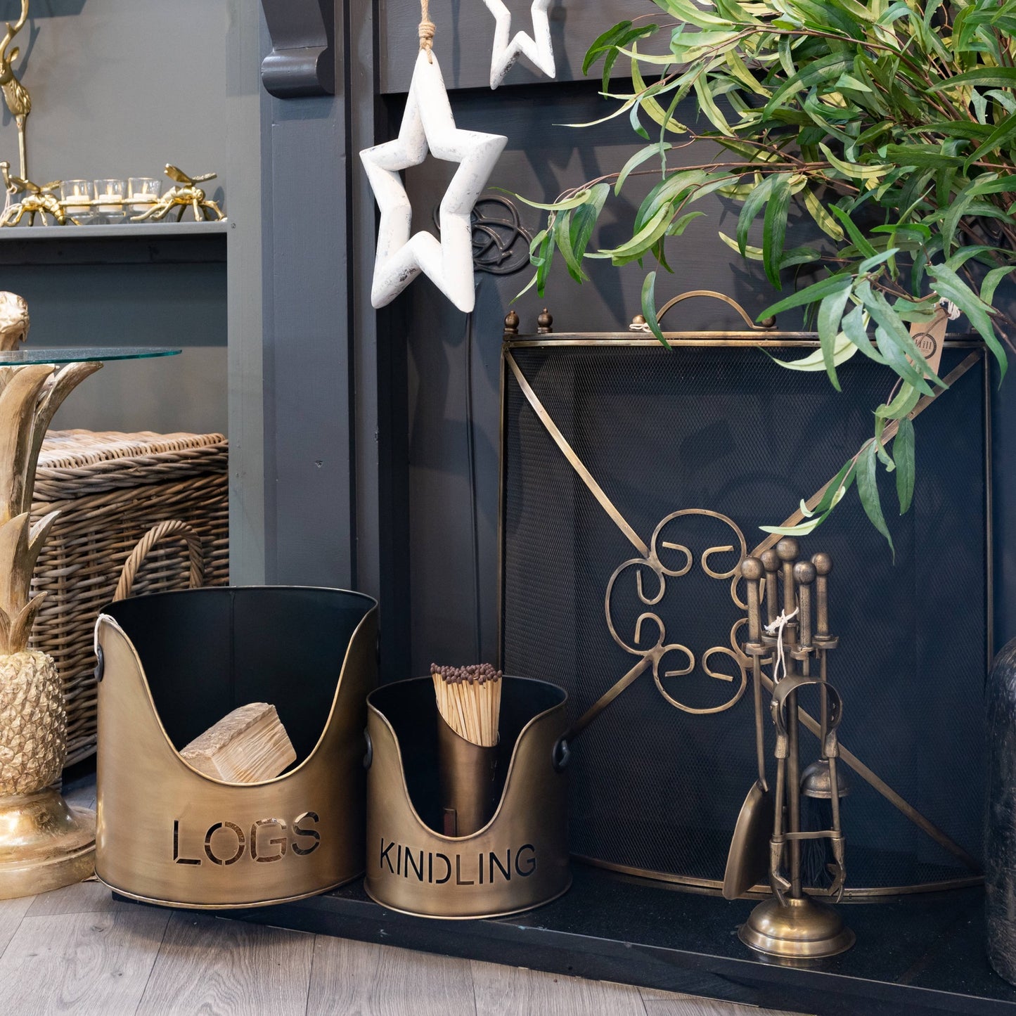 Bronze Finish Logs and Kindling Buckets with Matchstick Holder – Stylish Handcrafted Fireside Set