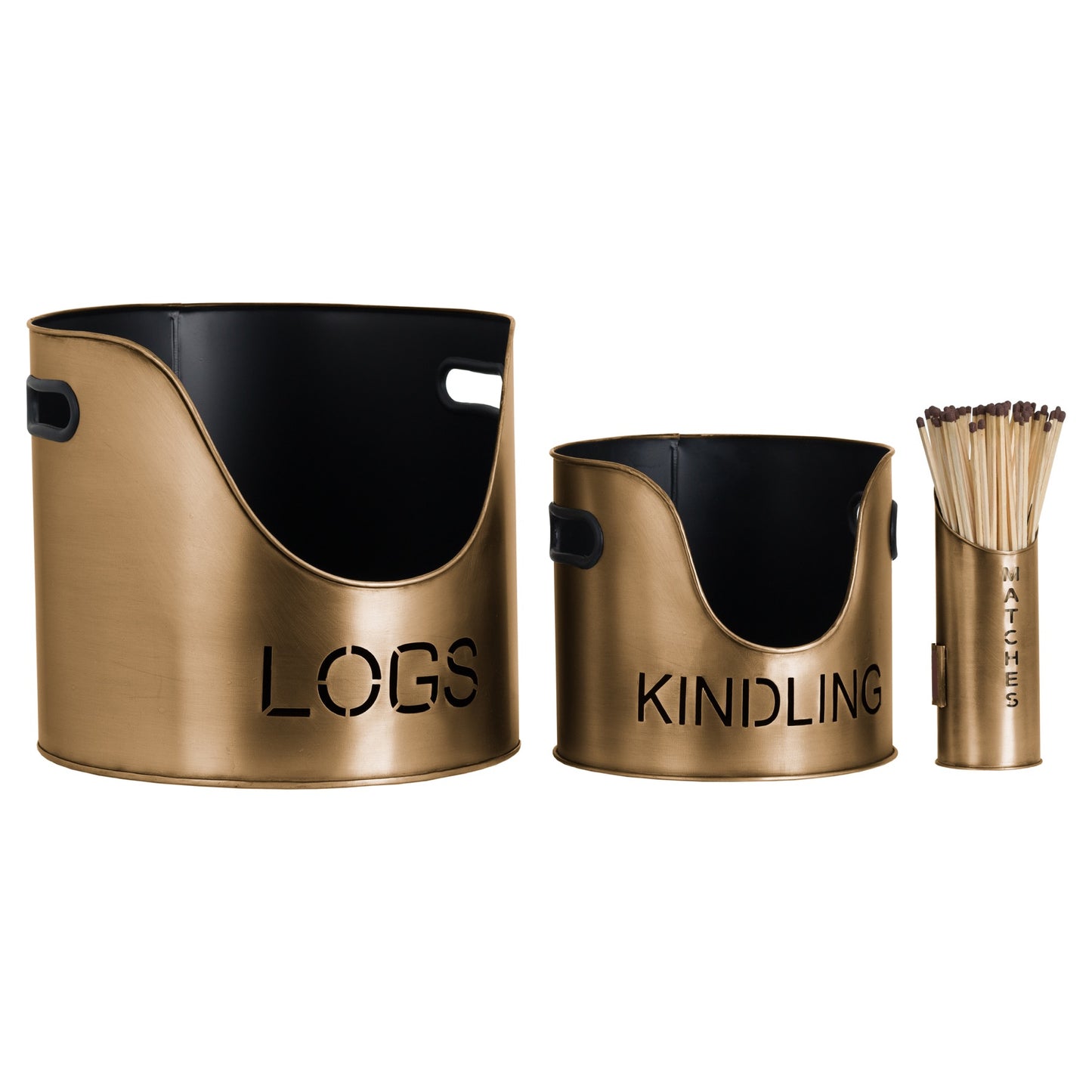 Bronze Finish Logs and Kindling Buckets with Matchstick Holder – Stylish Handcrafted Fireside Set
