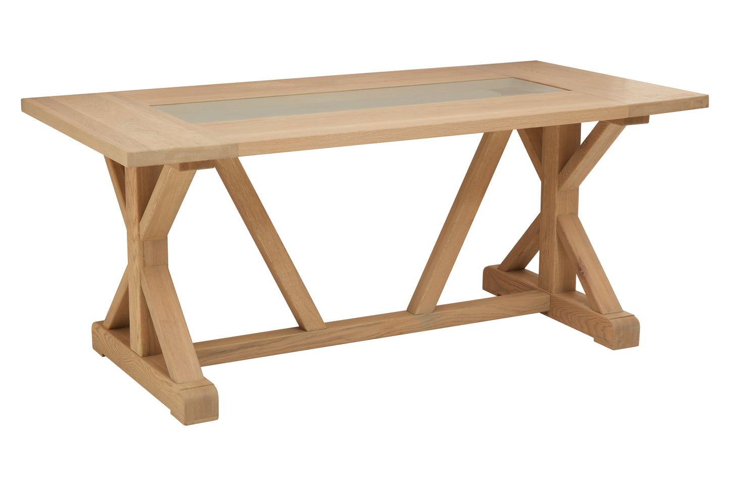 This Rustic American Oak Dining Table showcases a distinctive angular design, blending handcrafted oak with an aged grey glass insert for an elegant yet raw aesthetic. Shop online today at www.nobleandnook.co.uk