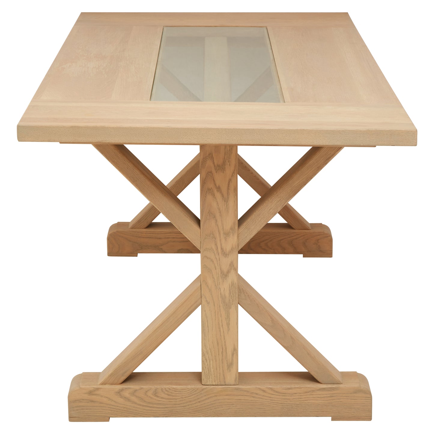 This Rustic American Oak Dining Table showcases a distinctive angular design, blending handcrafted oak with an aged grey glass insert for an elegant yet raw aesthetic. Shop online today at www.nobleandnook.co.uk