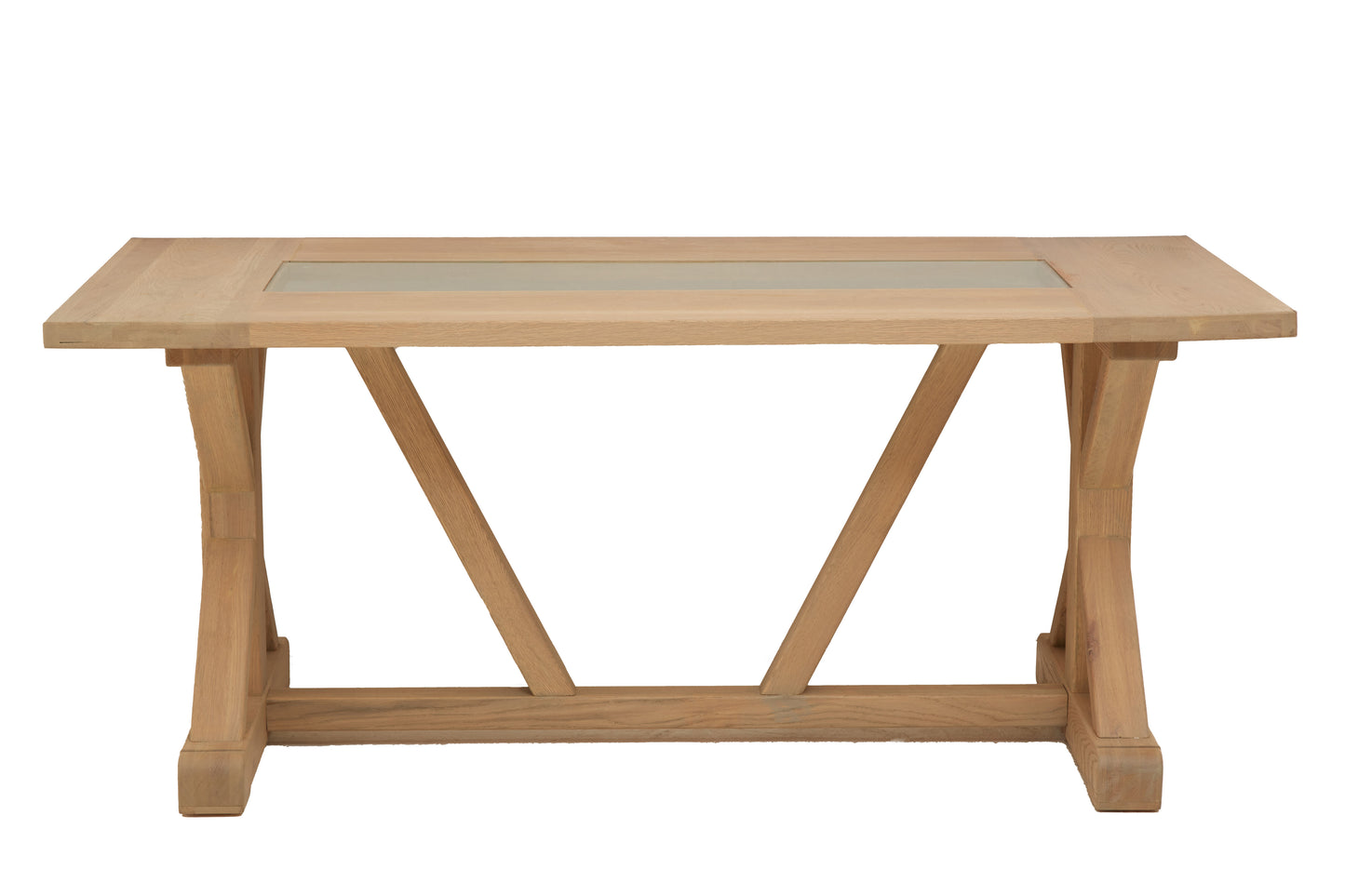 This Rustic American Oak Dining Table showcases a distinctive angular design, blending handcrafted oak with an aged grey glass insert for an elegant yet raw aesthetic. Shop online today at www.nobleandnook.co.uk