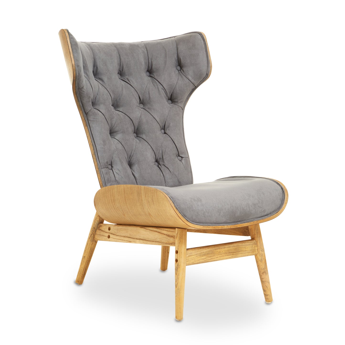 Shop the Dark Grey Velvet Chair with Winged Back, a touch of timeless elegance to any room. A tufted velvet seat, sleek winged design, and sturdy elmwood frame. SHop online today at www.nobleandnook.co.uk