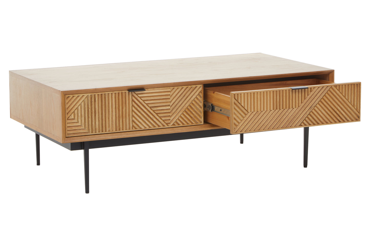 The Kajara Coffee Table pairs a natural carved wood finish with clean black metal legs, offering an elegant balance between rustic charm and modern minimalism. Shop online today at www.nobleandnook.co.uk