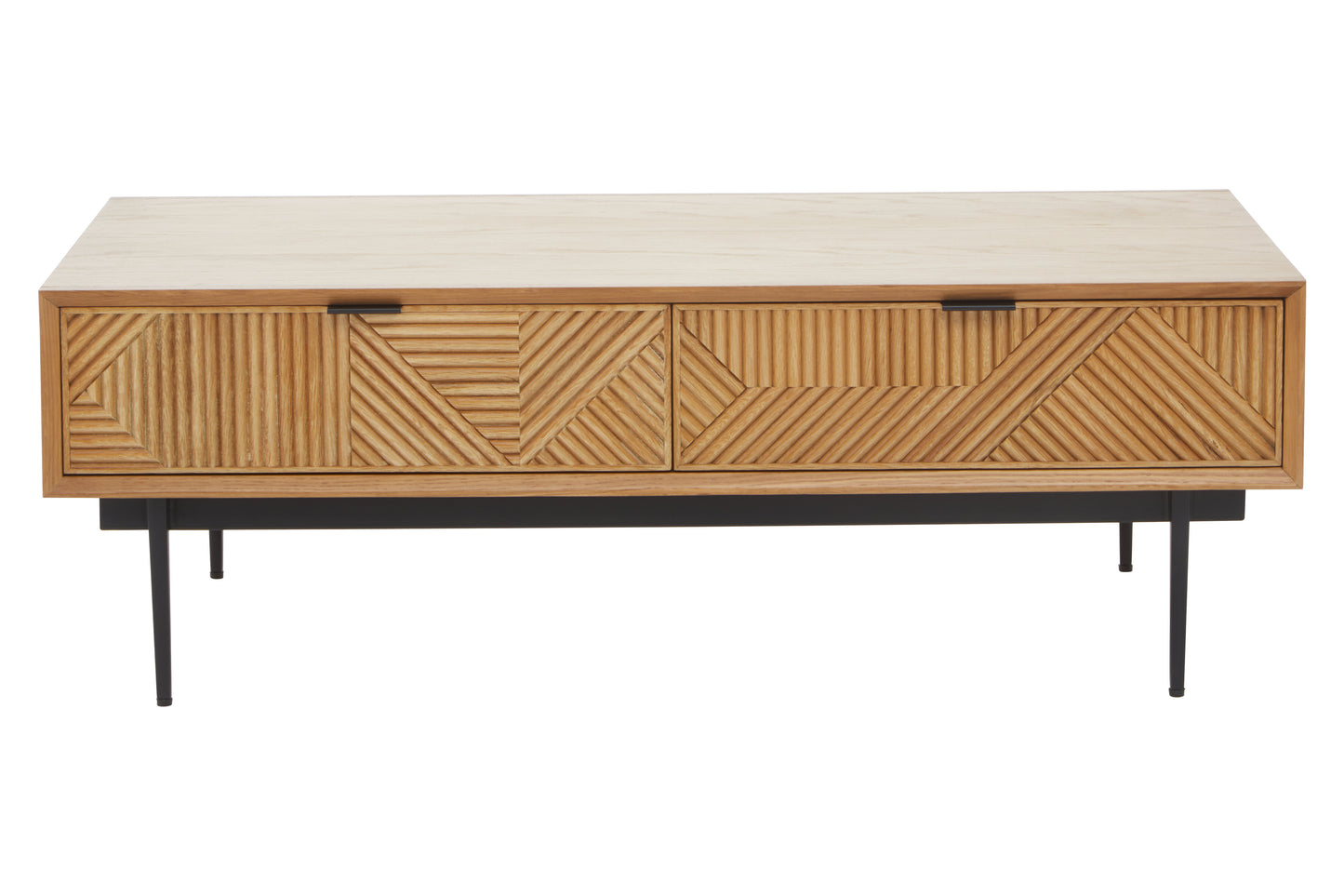 The Kajara Coffee Table pairs a natural carved wood finish with clean black metal legs, offering an elegant balance between rustic charm and modern minimalism. Shop online today at www.nobleandnook.co.uk
