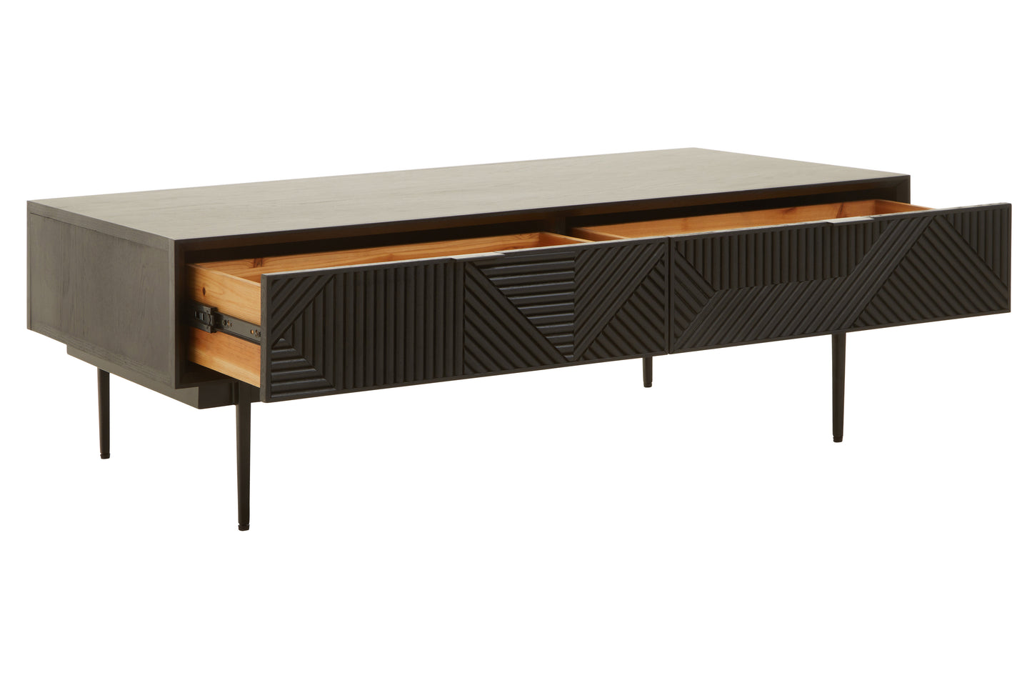 The Kajara Coffee Table pairs black carved wood finish with clean black metal legs, offering an elegant balance between rustic charm and modern minimalism. Shop online today at www.nobleandnook.co.uk