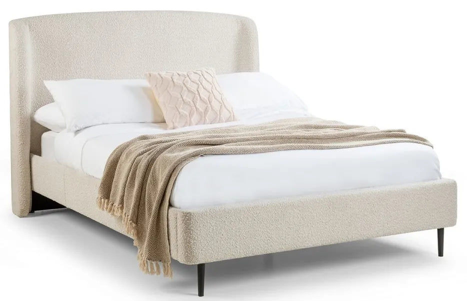 Shop the luxurious Eden Boucle King Size Bed in Ivory with its curved headboard. FREE UK MAINLAND DELIVERY. Shop online now at www.nobleandnook.co.uk